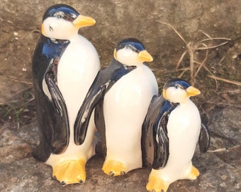 Geobel Vintage Ceramic Penguin Family figurine, W Germany no: 550, 8.35cm wide x 8cm high max, hollow, black, cream & orange, no box