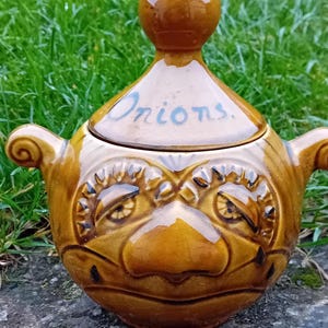 May include: A brown ceramic onion storage pot with a lid, featuring a face design. The lid is inscribed with the word "Onions" in blue script. It has two handles and a knob. The ceramic has a glossy finish, perfect for kitchen storage.