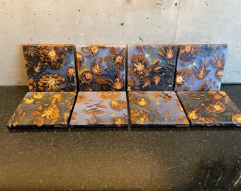 EpoxyART coaster by Pustebaum with 3D effect; 4 in blue mother-of-pearl coasters with integrated 24 carat real gold flakes