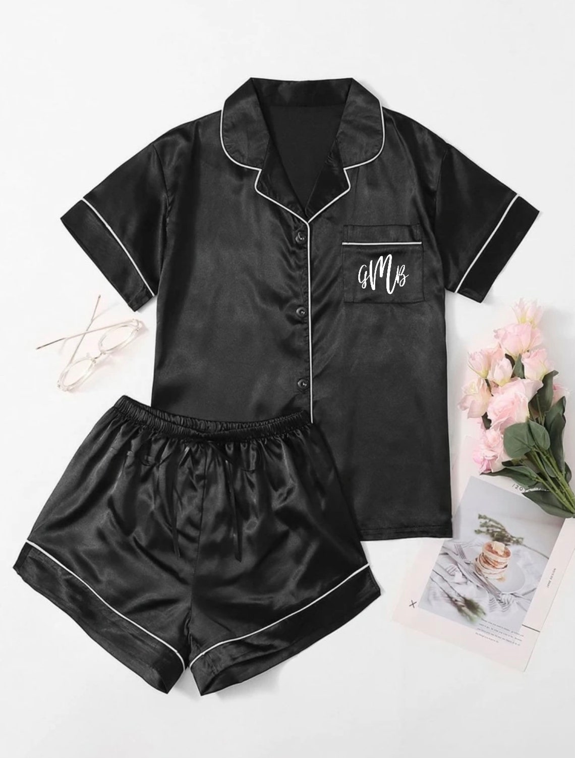 Black Bridal Party Pajama Set Custom Satin Pajama Set Shorts Etsy