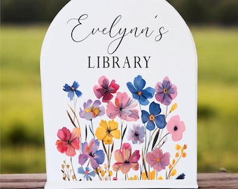 Personalized Home Library Sign: Floral Bookshelf Decor, Reader Gift