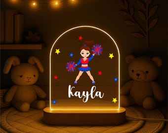 Personalized Cheerleader Night Light for Girls – Custom Name LED Lamp with Wooden Base, Cheer Team Gift, Girls Room Decor