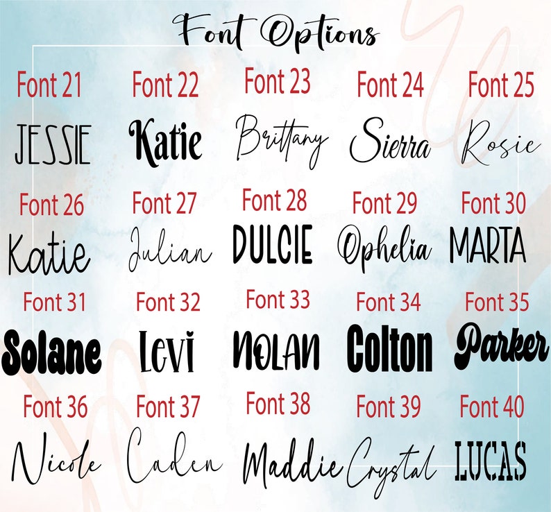 May include: A chart of 40 different font styles with the names of each font displayed below the font style. The font styles are displayed in rows of five, with each row labeled with a font number from 21 to 40.