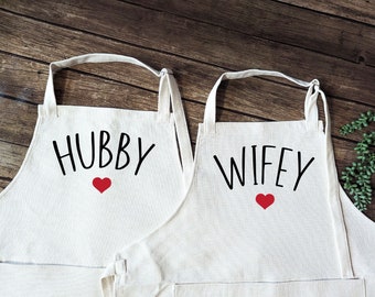 Personalized couple matching apron wedding gift for married Bridal shower gift unique Kitchen Linen apron Hubby Wifey gift aprons with heart