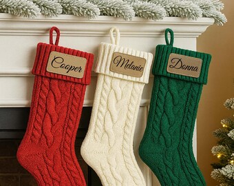 Personalized Christmas family name Stockings Knitted Stocking with leather patch