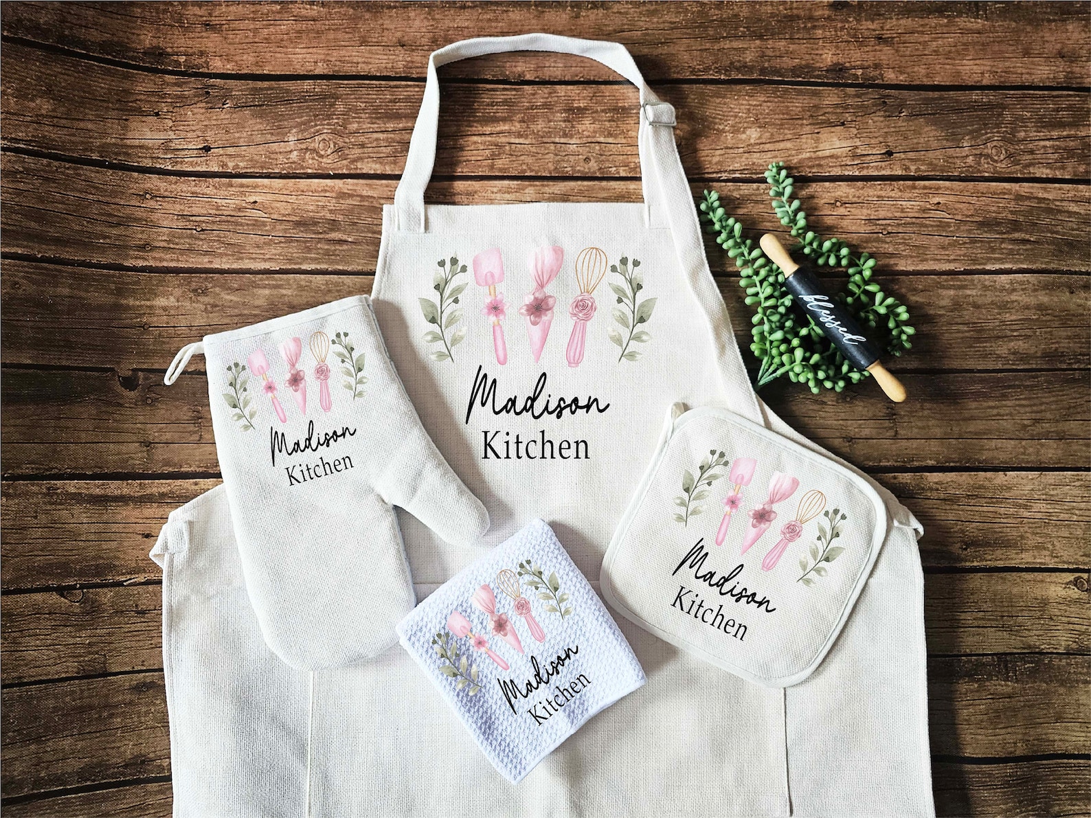 Personalized Apron with Custom Oven Mitts, Potholder and Dish Towel