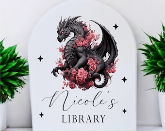 Personalized Dragon Library Sign: Floral Fantasy Bookshelf Decor