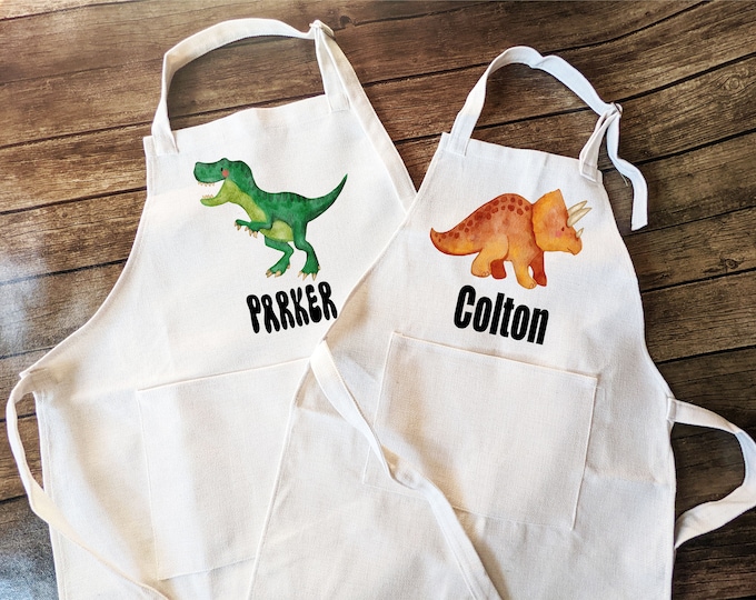 Personalized Boys Dinosaur kids apron with Pocket and adjustable strap | Custom kids apron | Toddler Kids Personalized Baking apron Gift