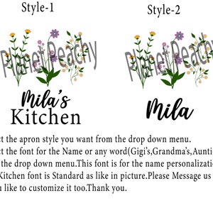 May include: Two apron designs with floral accents. The first design features the text "Planet Peachy" and "Mila's Kitchen". The second design features the text "Planet Peachy" and "Mila".