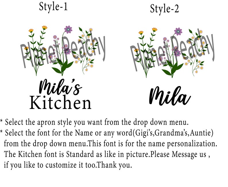 May include: Two apron designs with floral accents. The first design features the text "Planet Peachy" and "Mila's Kitchen". The second design features the text "Planet Peachy" and "Mila".