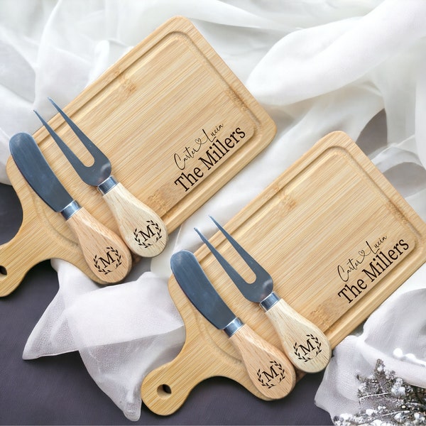 Mini Cheese Serving Board with Cheese Fork Cheese Knife Personalized rectangle Bamboo charcuterie board Newly wed couple gift engraved