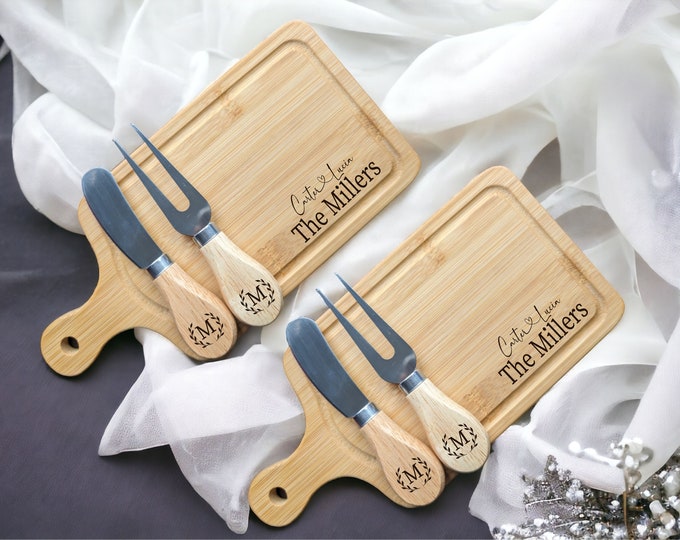 Mini Cheese Serving Board with Cheese Fork Cheese Knife Personalized rectangle Bamboo charcuterie board Newly wed couple gift engraved