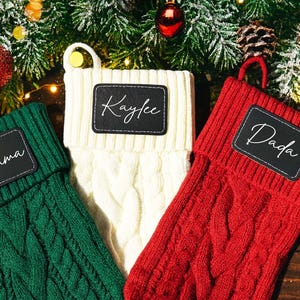 Personalized Christmas Stockings Family stockings Knitted Stocking with leather patch  Custom Stocking with Name Holiday Stockings Gift