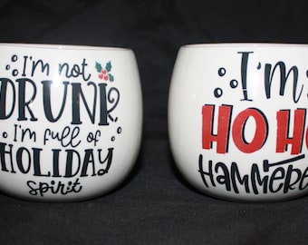 Set of 2 Christmas Decaled 12oz Ceramic Stemless Wine Glasses