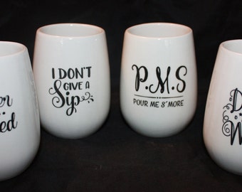 Set of 4 Decaled 8oz Ceramic Stemless Wine Glasses