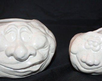 Ceramic Pair of Funny Faced Rock Planters