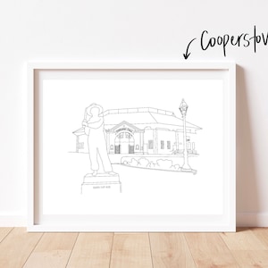 May include: Black and white line drawing illustration of a baseball player statue in front of a building with the text "National Baseball Hall of Fame and Museum" and the words "24/7  LOT  RED". The illustration is titled "Cooperstown".