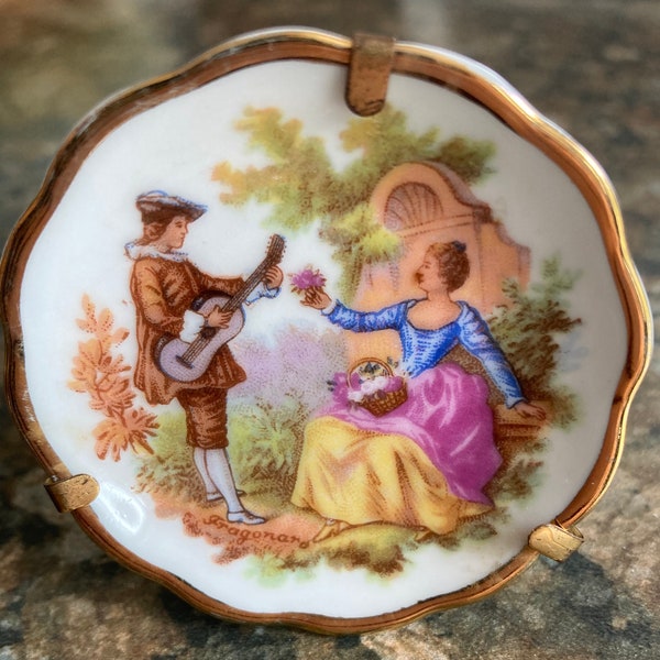 Vintage mini Limoges plate souvenir France Porcelain Gold Gilding Courting Couple Mothers Day