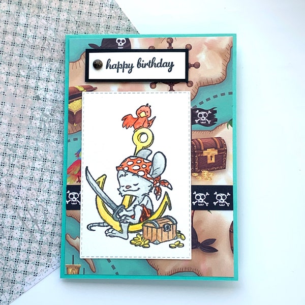Verjaardagskaart piraat - handgemaakte wenskaart