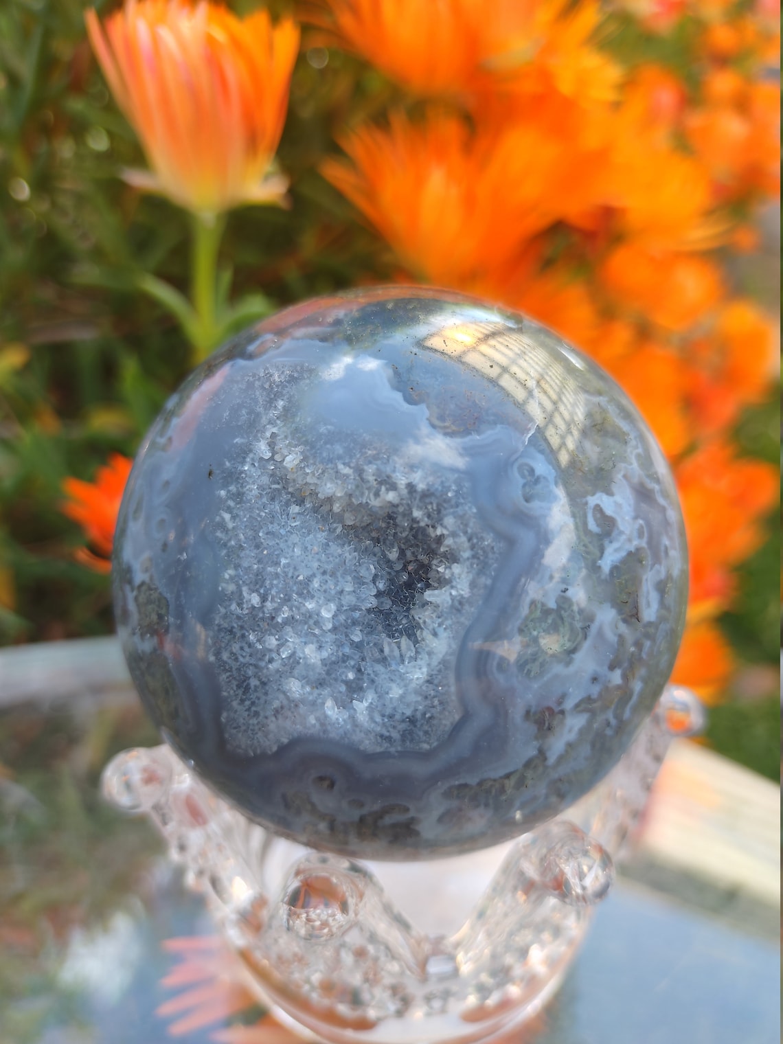 64mm Moss agate sphere with druzy | Etsy