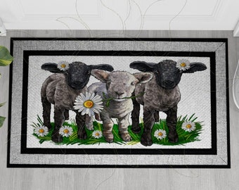 Doormat Baby Sheep Lamb with Daisies Cute Floral Heavy Duty Rubber Backed Racetrack Door Mat 18in. x 30in Indoor Outdoor