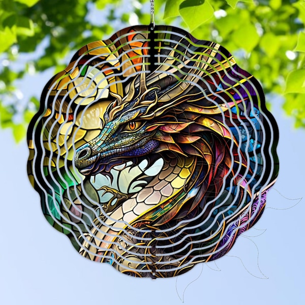 Wind Spinner Dragon Stained Glass Look Mystical  Dragons 3D Metal Garden Yard Patio Hanging  Inside Outside 10" UV Coated