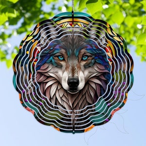 Wind Spinner Wolf Stained Glass Look Mystic 3D Metal Garden Yard Patio Hanging 10 Inches UV Coated Windspinners