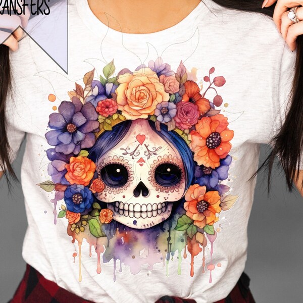 Sublimation Transfer Adorable Watercolor Skull Girl Day Of The Dead Ready To Press