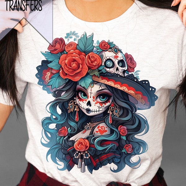 Catrina Sugar Skull Girl with Skull Hat Day Of The Dead Día de los Muertos Ready To Press Transfer Sublimation Design Transfers Designs