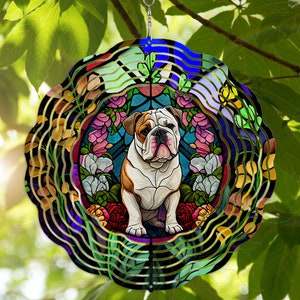 Wind Spinner English Bulldog Stained Glass Look Dogs 3D Metal Garden Patio Hanging 10 Inches Spinners UV Coated