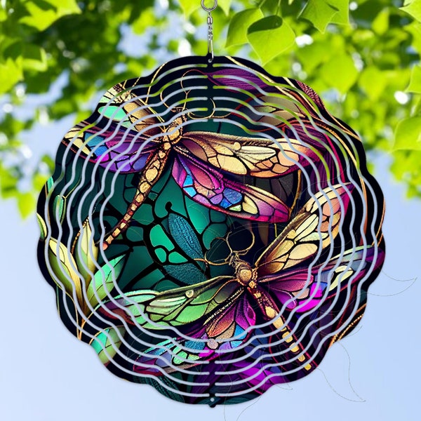 Wind Spinner Dragonflies Stained Glass Look Beautiful 3D Metal Garden Patio Hanging  10 Inches Windspinner Spinners UV Coated