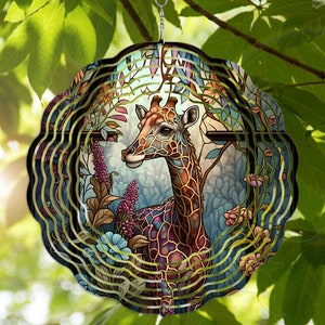 Wind Spinner Faux Stained Glass Look Colorful Giraffe Giraffes 3D Metal Garden Yard Patio Hanging 10&quot; UV Coated