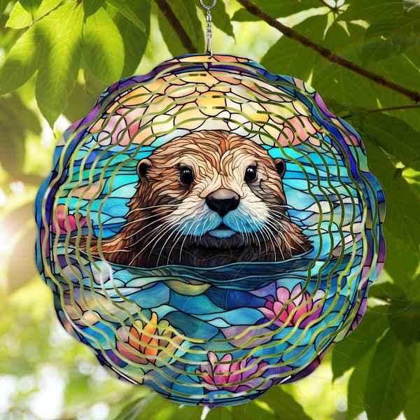 Wind Spinner Stained Glass Look Colorful Cute Otter 3D Metal Garden Yard Patio Hanging 10" UV Coated