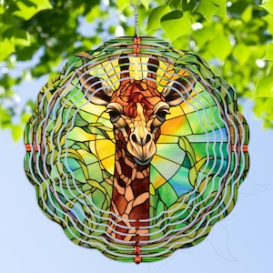 Wind Spinner Pretty Giraffe Stained Glass Look 3D Metal Garden Yard Patio Hanging 10" UV Coated