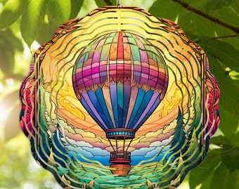 Wind Spinner Hot Air Balloon Stained Glass Look 3D Metal Garden Yard Patio Hanging 10 Inches UV Coated