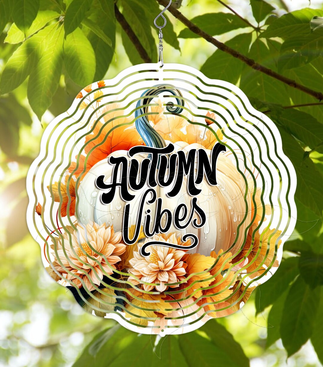 Wind Spinner Autumn Vibes Fall Flowers White Pumpkin 3D Metal Garden ...