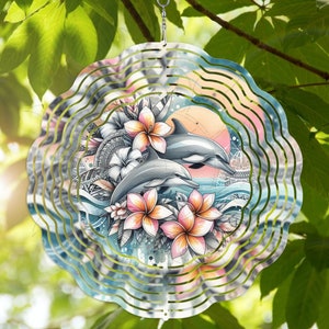 Dolphins Wind Spinner Sea Animals Floral Pretty 3D Metal Garden Yard Patio Hanging 10 Inches UV Coated Weatherproof Housewarming Gift