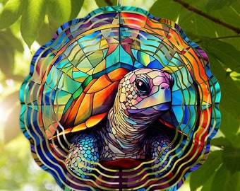 Wind Spinner Stained Glass Look Turtle Turtles Cute Colorful Design 3D Metal Hanging  Inside Outside Flower Shape 10" UV Coated