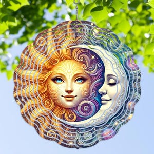 Sun Celestial Moon Wind Spinner 3D Metal Garden Yard Patio Hanging 10 Inch Spinners Inside or Outside Windspinners Weatherproof UV Coated