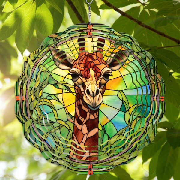 Wind Spinner Pretty Giraffe Stained Glass Look 3D Metal Garden Yard Patio Hanging 10" UV Coated