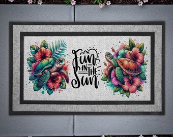 Sea Turtle Doormat: Tropical Flowers, Heavy Duty Rubber - 18x30 in