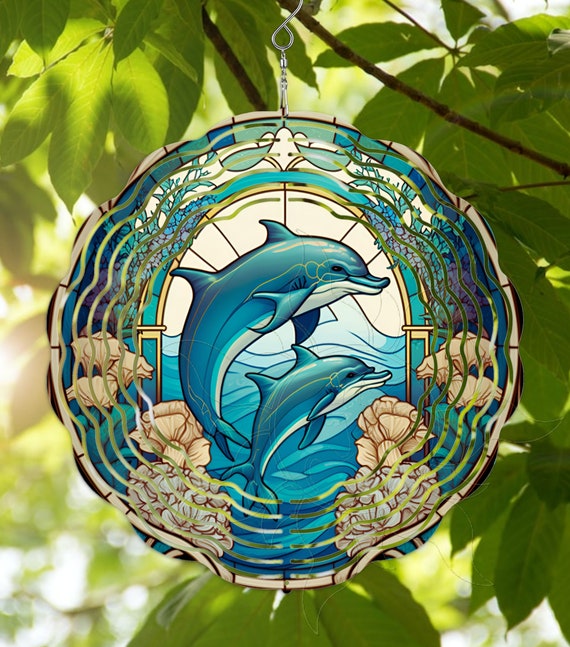 Wind Spinner Dolphin Stained Glass Look Dolphins 3D Metal Garden