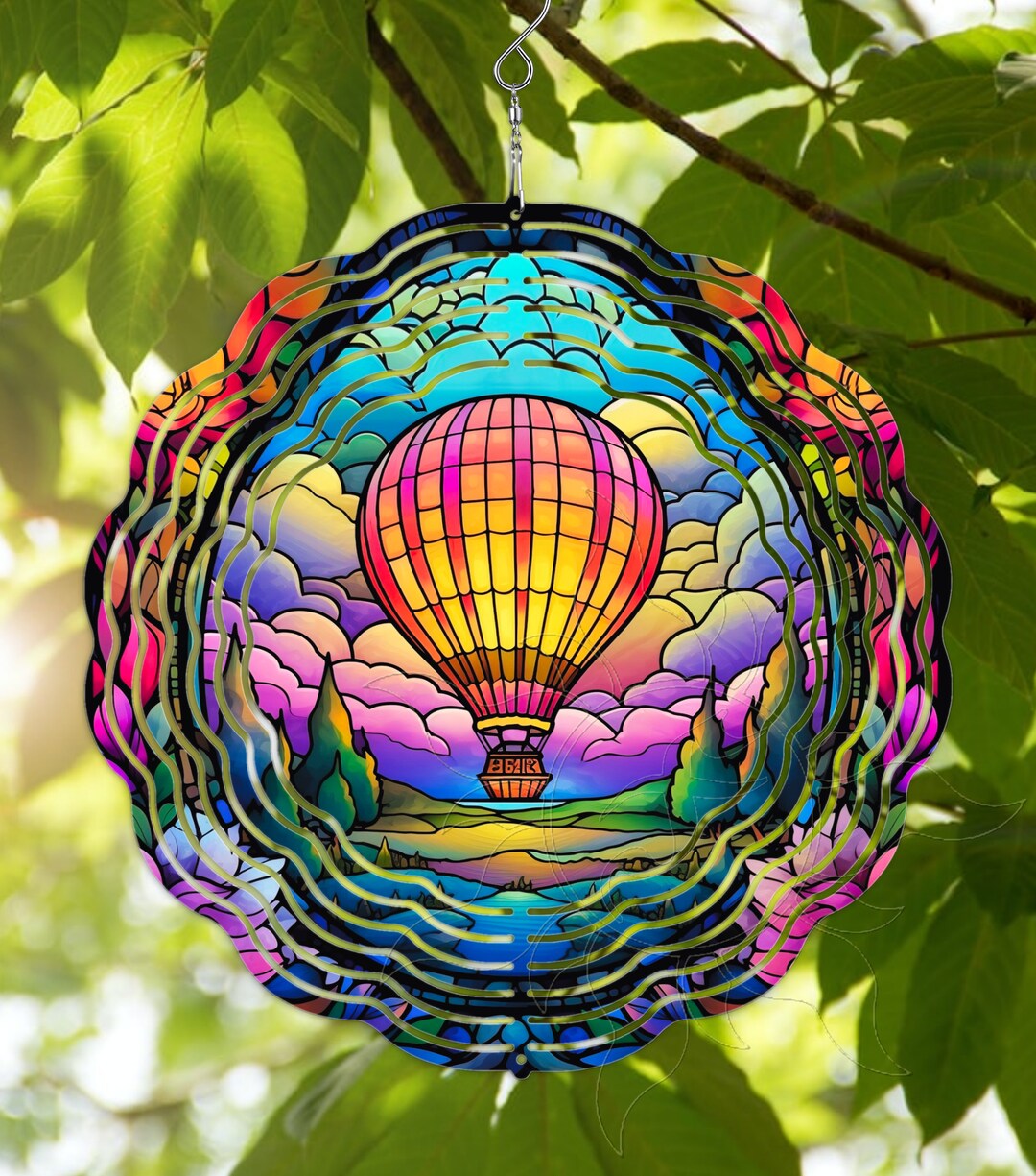 Hot Air Balloon Wind Spinner Stained Glass Look Colorful 3D Metal Garden Yard Patio Hanging 10