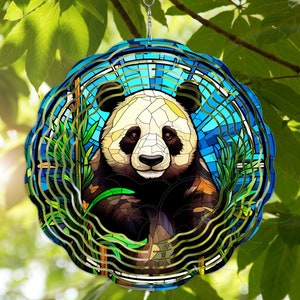 Wind Spinner Panda Bear Stained Glass Look Adorable 3D Metal Garden Yard Patio Hanging 10&quot; UV Coated