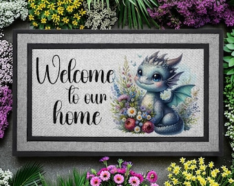 Dragon and Flowers Doormat: Heavy Duty Rubber Welcome Mat