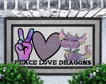 Peace Love Dragons Doormat: Heavy Duty Indoor Outdoor Patio Mat