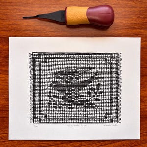 Handmade “Every Stitch” Dove Filet Crochet Linocut Print | 9x7