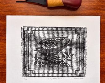 Handmade “Every Stitch” Dove Filet Crochet Linocut Print | 9x7