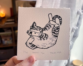 Handmade “Stretch” Tabby Cat Linocut Print | 4x4