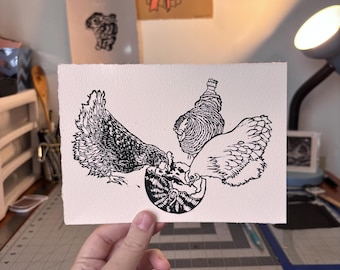 Grabado en linóleo hecho a mano “Pollitos de primavera” / 5x7